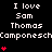 Black background displays repeated white text "I love Sam Thomas" and "Camponesch" with red heart symbols in a pattern, some hearts animate by changing quantity