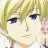 Pixelated anime-style portrait of a character with blonde hair and purple eyes, wearing a white shirt with a light blue collar.
