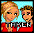 Pixelated 256x256 static icon featuring two cartoon-style characters with blonde hair against a light blue background, wearing red tops and displaying the word "TAKEN" in bold white text at the bottom.