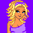Pixelated character with blonde curly hair and blue eyes wears purple top against solid purple background, text reads "I luv u".