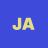 Yellow pixelated letters JA on solid blue background with slight blurring effect.
