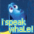Pixelated blue cartoon whale with large eyes and yellow mouth, displaying text 'i speak whale!' in two color variations.