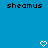 Blue background with black pixelated text 'sheamus' at top left and top right, two white pixelated heart symbols at bottom center and bottom right.