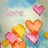 Pixelated image with blue background, orange text, and heart-shaped icons in pink and peach tones.