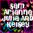 Pixelated text reads 'sam happen to Arianna be my ... Julia and BTFAP Aca ... Kelley' over a black background with colorful abstract lines.