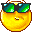 Pixelated yellow circular face with green-tinted sunglasses, displaying multiple mouth expressions from closed to wide open.