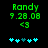 Green pixelated text 'Randy' and date '9.28.08' above a green '<3' symbol, with five cyan heart icons below on black background.