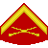 Red triangular shape with yellow border and crossed yellow objects inside, on gray background.