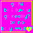 A four- of pixelated chat exchanges on a bright pink background with yellow borders, each showing identical text except for the final line's emoji