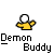 Pixel art character with yellow shirt and white ball head, transitioning through red horned demon form with red eyes and black horns, each frame labeled "Demon Buddy" below.