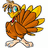 Pixelated cartoon turkey with brown feathers, yellow tail tips, and blue eyes stands on white background; orange text reads 'Happy' above and 'Thanks-giving !!!!!' below.