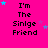 A bright pink background displays a of identical text blocks reading "I'm The Single Friend" with scattered blue and purple stars, one block partially obscured by gray