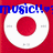 Static pixel art icon with red background, white circular frame, central red dot, blue text reading 'MUSIC!' with heart symbol, and gray control buttons.