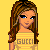 Pixel art of a female character with long brown hair wearing a yellow striped top with 'GUCCI' text, standing next to partial view of legs in patterned shorts and sandals on yellow background.