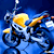 Animated 50x50 pixel icon showing a yellow motorcycle with blue rider on dark blue background, displayed in contact sheet format with visible frame differences.