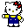 Pixelated Hello Kitty avatar in blue overalls with yellow sleeves, red bow on head, green nose, black eyes, and white body against gray background.