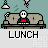 Pixel art animation of a character on a couch with changing hand positions and a pizza slice appearing, all labeled 'LUNCH' below.