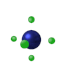 A blue sphere surrounded by green dots in various positions , with green dots shifting locations and one dot changing to dark green in the final frame