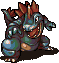 Pixel art of a large reptilian creature with blue-green scales, red spikes on its back and head, and an open mouth showing sharp teeth.
