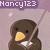 Pixelated bird icon with brown body, yellow beak, and white chest patch under purple banner reading 'Nancy123'.
