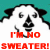 Pixelated dog face with black ears and nose on white fur, teal background, red text reading "I'M NO WOOLIS SWEATER! BAAD.COM" across the middle.