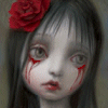 identical doll faces with red roses in hair, red tear-like streaks on cheeks, and varying eye expressions against a muted background