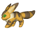 A small cartoon creature with yellow and brown stripes, green eyes, and a white chest walks in three of each