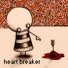 A cartoon character with a round head and striped body stands over a fork on the ground, with red splatters beneath it.