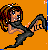 Pixelated character with brown and red hair, blue eyes, and a black outfit kicking a black object against an orange background with orange text reading "BOO 2 U!" on dark green.