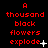Red text on black background reads 'A thousand black flowers explode' with white pixel symbols changing across frames.