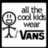 Pixelated black-and-white icon shows a stick figure with a round head, wide eyes, and open mouth, next to text reading 'the cool web' and 'VANS' in blocky letters.