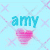 Pixelated icon with light blue background, cyan text 'AMY', pink heart symbol, and purple star-like shapes.