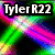 A four- displays a colorful abstract background with text and a pixelated figure. The top-left shows "Tyler R22" over a rainbow gradient. The top-right shows "is" over a figure. The bottom-left shows "KOOL!" over the same gradient. The bottom-right shows the figure in a different pose