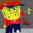 Yellow sponge character in red cap and shirt, dark blue pants, holding a yellow object with green and white details against gray background.