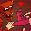 Pixelated cartoon character with red skin and horns holds a purple-clad figure's hand while a red heart and question mark float above.
