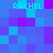 Pixelated of blue and purple squares with four instances of the text 'RACHEL' in cyan block letters