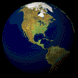 Animated sequence of a rotating Earth globe showing multiple continents with blue oceans, brown landmasses, and white polar caps across four of each