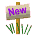 Two pixelated signs on a brown post with green foliage, displaying 'NEW' in purple and orange text against a gray background.