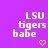 Purple background with repeated 'LSU tigers babe' text and yellow heart icons in a