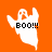 Pixelated ghost icon with 'BOO!!!' text on orange background, showing three color variations of the same design.