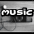 Black-and-white image with 'music' text, headphones, heart, and of icons
