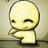 Pixelated yellow figure with closed eyes and a slight smile, standing against a beige background with black text overlay.