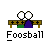 Pixelated cartoon of two figures on a bench with green and purple clothing, below which is the text "Foosball" in white pixel font.