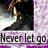 Pixelated static image shows a dark boot on a light background with purple gradient border and text 'Never let go' below.