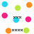 Pixelated circles in cyan, green, pink, and orange with black X patterns on select circles; gray rectangle occupies bottom-right corner.