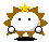 Pixelated character with white face, brown spiky hair, yellow star on head, black square eyes, and white circular hands holding a black base.