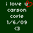Green background displays white pixelated text 'i love u carson corle 1/6/09 <3' with a red heart symbol replacing 'u' in the first line.