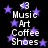 Black background with purple stars and white text listing Music, Art, Coffee, Shoes, and <3 symbols in a repeating pattern.