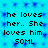 Static image with blue background and repeated text 'he loves her.. She loves him. 50ML' in black pixelated font.