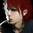 Pixelated close-up of a person with short red hair, light skin, and dark eyes in profile view against black background.